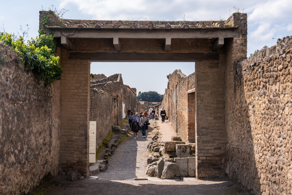 Stone-paved street with crossing stones in Pompeii